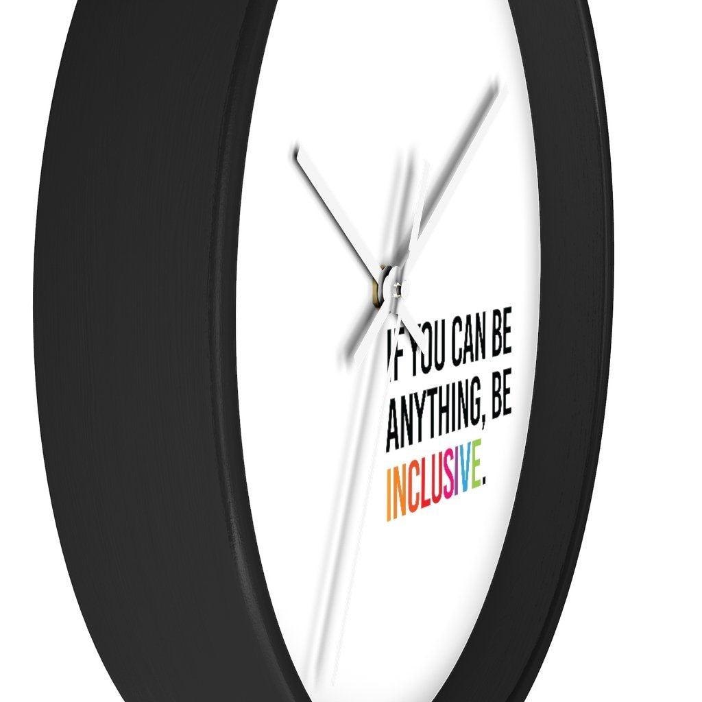 Up close angled view of the black frame with white face and white hands.