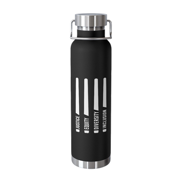 Black 22 oz justice equity diversity inclusion J.E.D.I insulated water bottle with four stylized horizontal black laser swords. In each laser sword handle, one word is embedded: justice, equity, diversity, and inclusion in black upper case letters. The water bottle has stainless steel cap.
