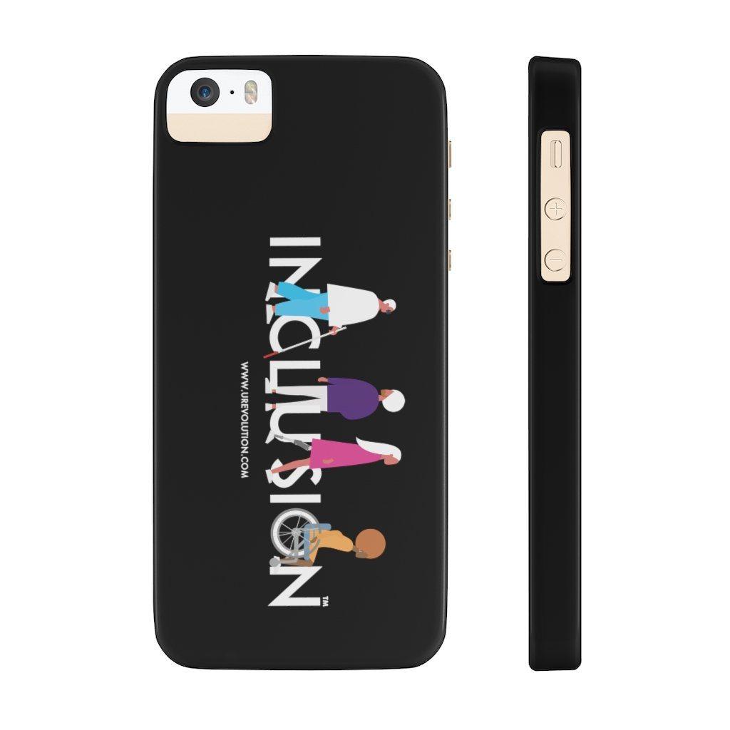 This is a photo of a black disability inclusion phone case. The  phone case has URevolution's Inclusion icon on the front cover. The word INCLUSION is written in all caps in rainbow colors. Among the letters are four characters: one plus-sized person with glasses and a cane, one person with one arm wearing a turban, one person with long hair and a prosthetic leg, and one person with an afro, seated in a wheelchair.