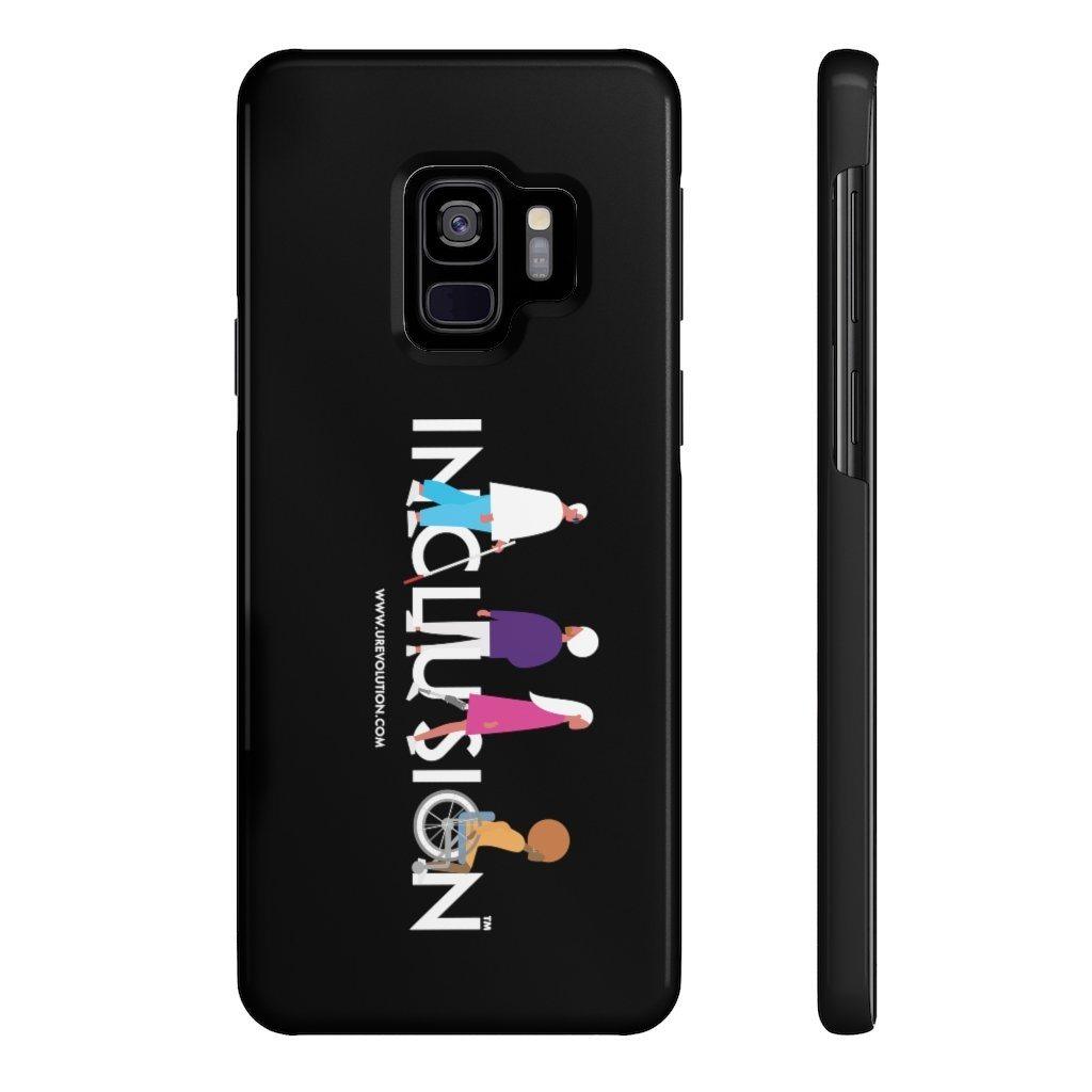 This is a photo of a black disability inclusion phone case. The  phone case has URevolution's Inclusion icon on the front cover. The word INCLUSION is written in all caps in rainbow colors. Among the letters are four characters: one plus-sized person with glasses and a cane, one person with one arm wearing a turban, one person with long hair and a prosthetic leg, and one person with an afro, seated in a wheelchair.