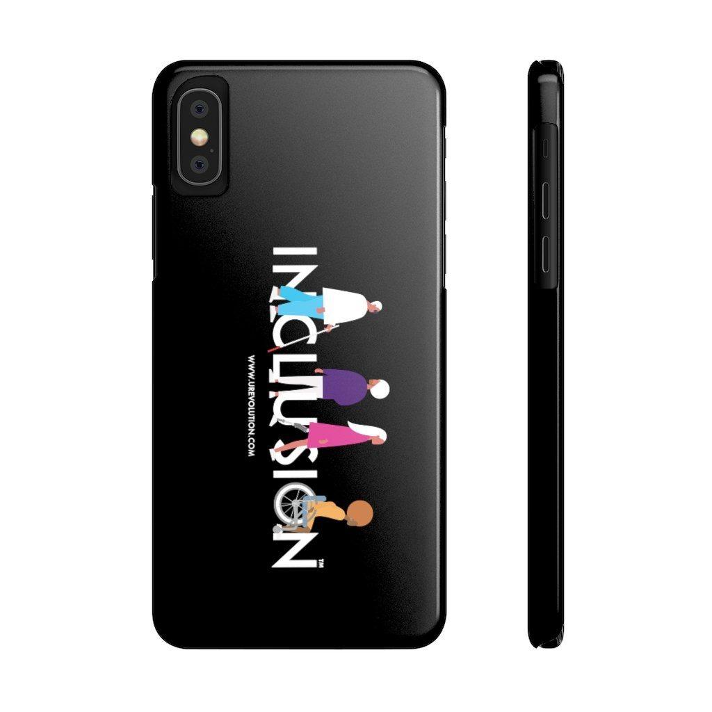 This is a photo of a black disability inclusion phone case. The  phone case has URevolution's Inclusion icon on the front cover. The word INCLUSION is written in all caps in rainbow colors. Among the letters are four characters: one plus-sized person with glasses and a cane, one person with one arm wearing a turban, one person with long hair and a prosthetic leg, and one person with an afro, seated in a wheelchair.