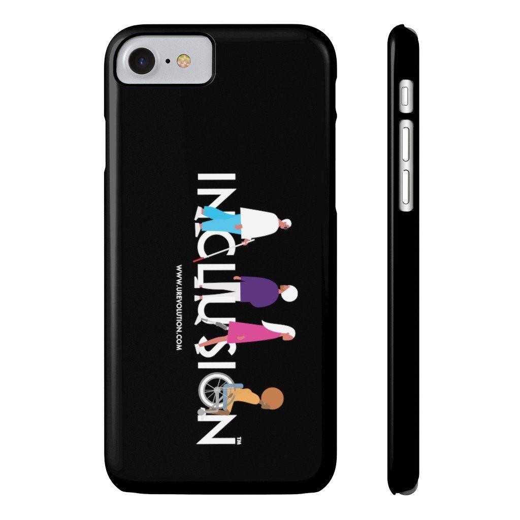 This is a photo of a black disability inclusion phone case. The  phone case has URevolution's Inclusion icon on the front cover. The word INCLUSION is written in all caps in rainbow colors. Among the letters are four characters: one plus-sized person with glasses and a cane, one person with one arm wearing a turban, one person with long hair and a prosthetic leg, and one person with an afro, seated in a wheelchair.