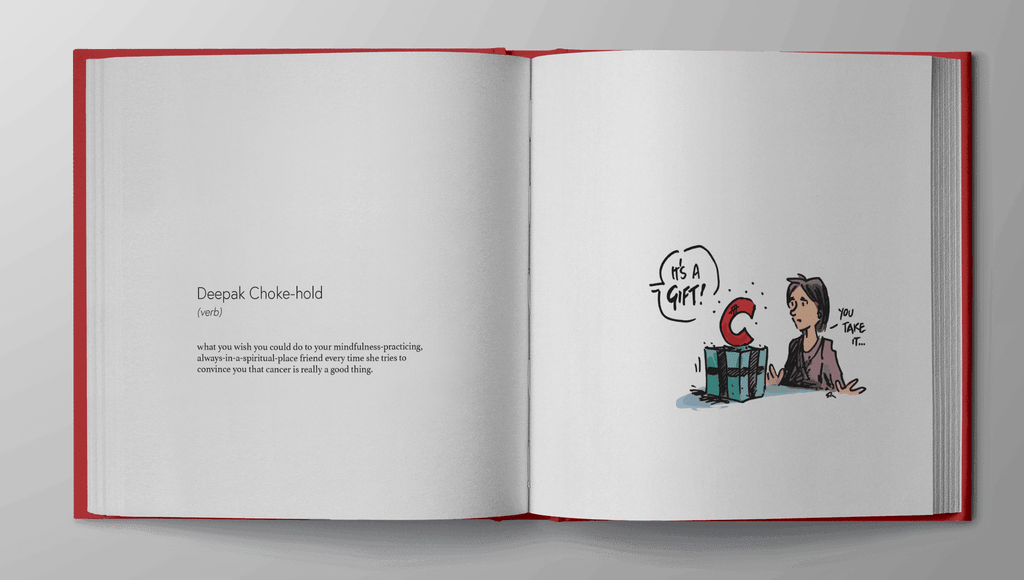 Photo of one of the pages of the Glossary of Awkward: a funny cancer book filled with amusing cancer cartoons and witty sayings about cancer.