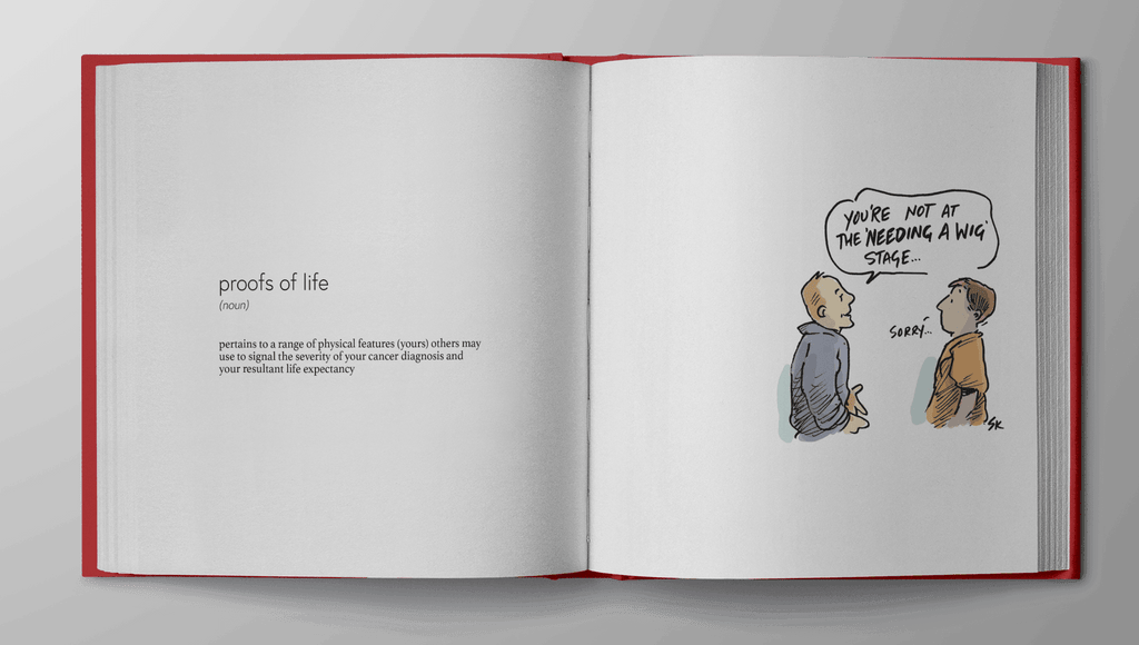 Photo of one of the pages of the Glossary of Awkward: a funny cancer book filled with amusing cancer cartoons and witty sayings about cancer.