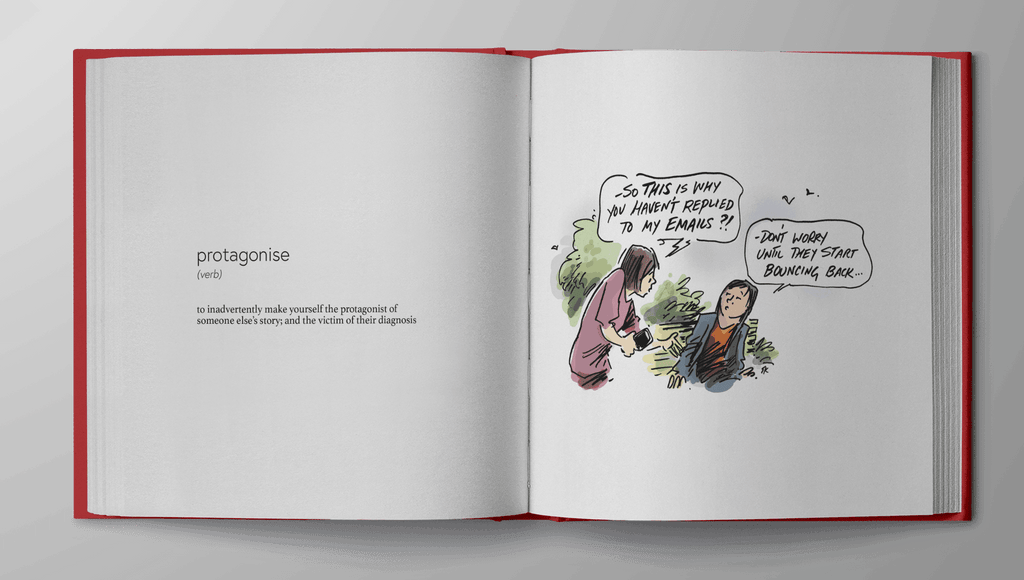 Photo of one of the pages of the Glossary of Awkward: a funny cancer book filled with amusing cancer cartoons and witty sayings about cancer.