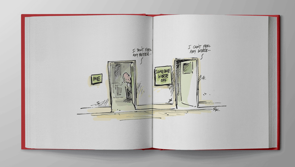 Photo of one of the pages of the Glossary of Awkward: a funny cancer book filled with amusing cancer cartoons and witty sayings about cancer.