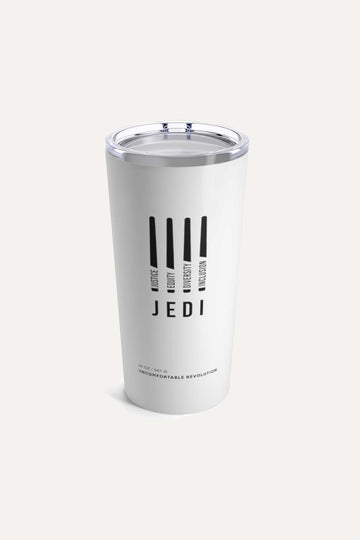 A photo of a JEDI tumbler. In the middle of the off-white JEDI tumbler are four black lightsabers. At the bottom of each saber representing the saber handle is one word: Justice Equity Diversity Inclusion. Beneath the sabers is the acronym JEDI. At the very bottom of the JEDI tumbler is the brand name: Uncomfortable Revolution.