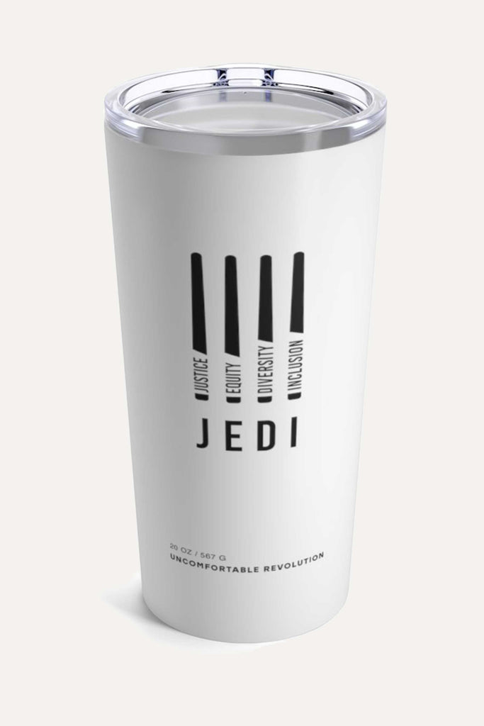 A photo of a JEDI tumbler. In the middle of the off-white JEDI tumbler are four black lightsabers. At the bottom of each saber representing the saber handle is one word: Justice Equity Diversity Inclusion. Beneath the sabers is the acronym JEDI. At the very bottom of the JEDI tumbler is the brand name: Uncomfortable Revolution.