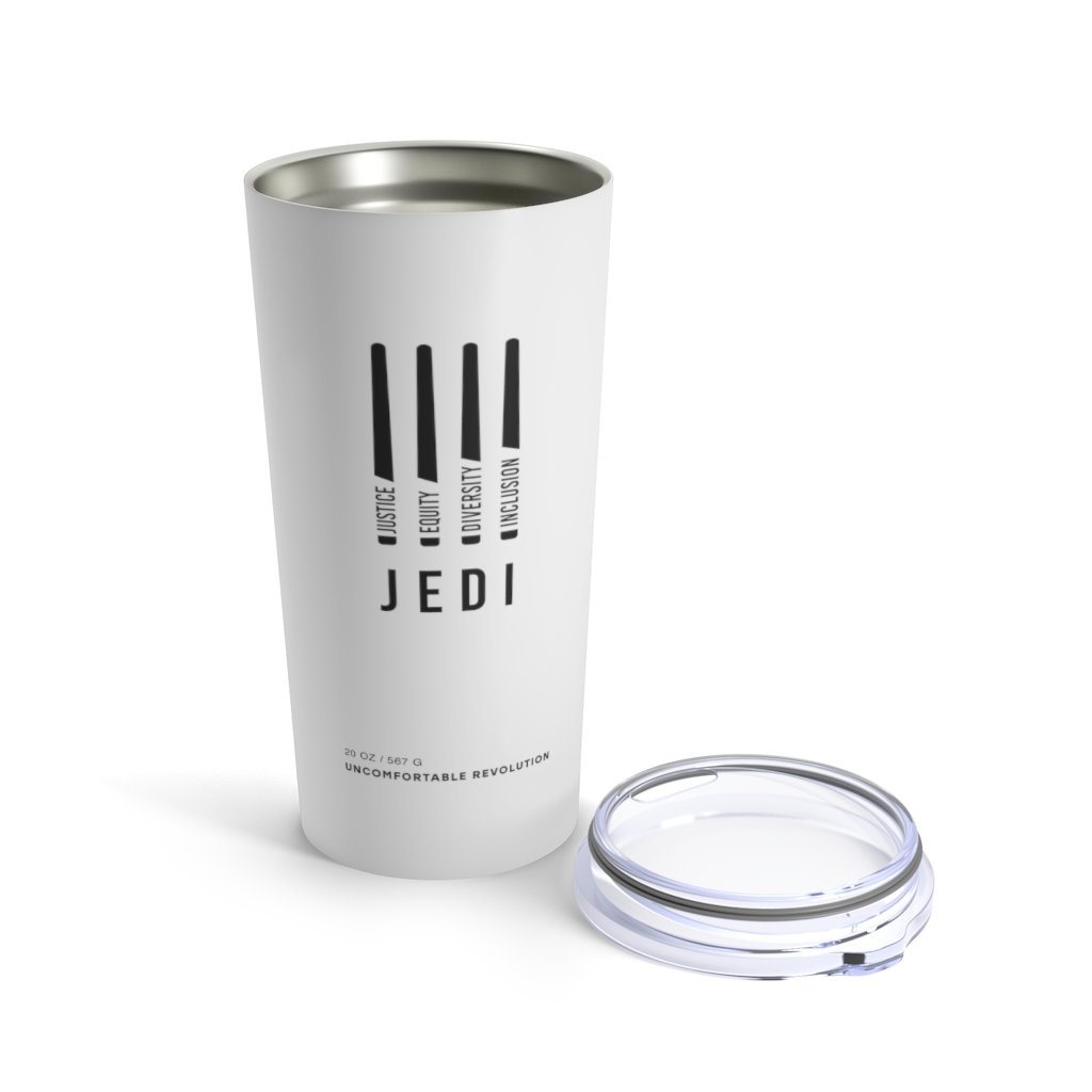 A photo of a JEDI tumbler. In the middle of the off-white JEDI tumbler are four black lightsabers. At the bottom of each saber representing the saber handle is one word: Justice Equity Diversity Inclusion. Beneath the sabers is the acronym JEDI. At the very bottom of the JEDI tumbler is the brand name: Uncomfortable Revolution.