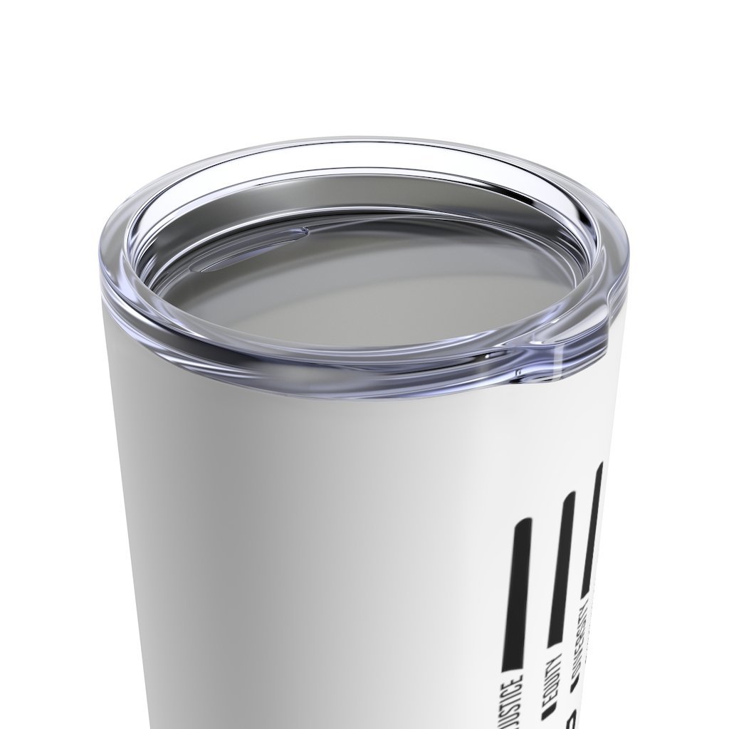 A photo of a JEDI tumbler. In the middle of the off-white JEDI tumbler are four black lightsabers. At the bottom of each saber representing the saber handle is one word: Justice Equity Diversity Inclusion. Beneath the sabers is the acronym JEDI. At the very bottom of the JEDI tumbler is the brand name: Uncomfortable Revolution.