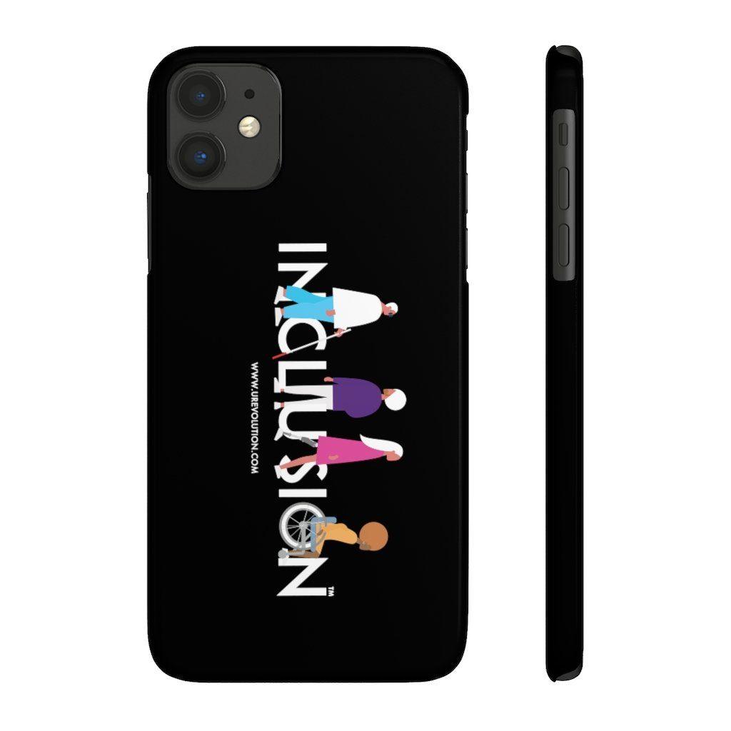 This is a photo of a black disability inclusion phone case. The  phone case has URevolution's Inclusion icon on the front cover. The word INCLUSION is written in all caps in rainbow colors. Among the letters are four characters: one plus-sized person with glasses and a cane, one person with one arm wearing a turban, one person with long hair and a prosthetic leg, and one person with an afro, seated in a wheelchair.