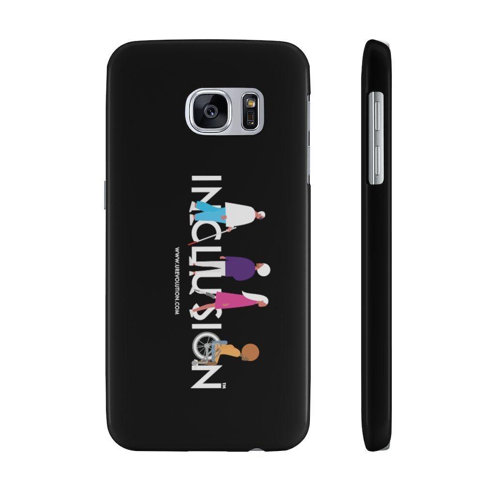 This is a photo of a black disability inclusion phone case. The  phone case has URevolution's Inclusion icon on the front cover. The word INCLUSION is written in all caps in rainbow colors. Among the letters are four characters: one plus-sized person with glasses and a cane, one person with one arm wearing a turban, one person with long hair and a prosthetic leg, and one person with an afro, seated in a wheelchair.