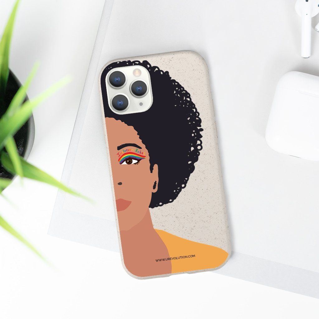 iPhone 11 Pro Inclusion Rebel Afro Phone Case. Printed on the back of the biodegradable phone case is an illustration of the right-hand half of a black person's face. They have a full afro and have a colorful eyeliner design above their right eye. The design includes a series of lines drawn in the colors of the LGTB flag with the words, Inclusion Rebel, outlined in a handwriting style above the lines.