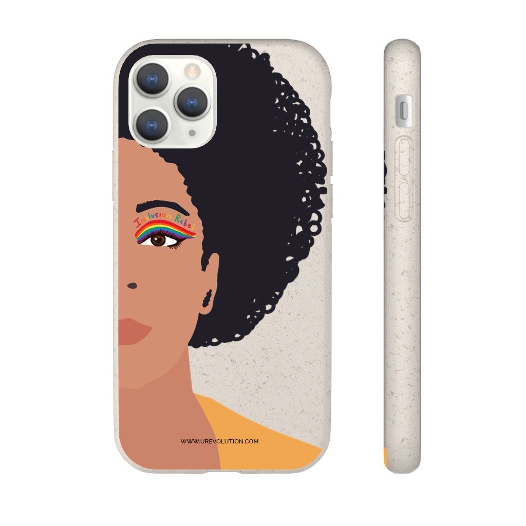 iPhone 11 Pro Inclusion Rebel Afro Phone Case. Printed on the back of the biodegradable phone case is an illustration of the right-hand half of a black person's face. They have a full afro and have a colorful eyeliner design above their right eye. The design includes a series of lines drawn in the colors of the LGTB flag with the words, Inclusion Rebel, outlined in a handwriting style above the lines.