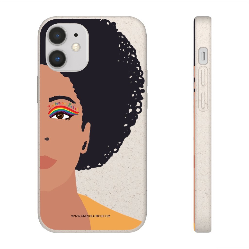 iPhone 12 mini Inclusion Rebel Afro Phone Case. Printed on the back of the biodegradable phone case is an illustration of the right-hand half of a black person's face. They have a full afro and have a colorful eyeliner design above their right eye. The design includes a series of lines drawn in the colors of the LGTB flag with the words, Inclusion Rebel, outlined in a handwriting style above the lines.