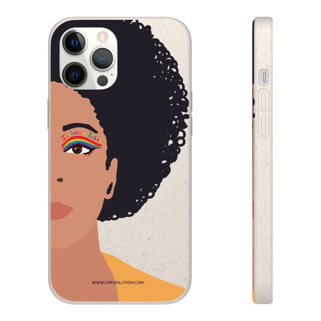 iPhone 12 Pro Max Inclusion Rebel Afro Phone Case. Printed on the back of the biodegradable phone case is an illustration of the right-hand half of a black person's face. They have a full afro and have a colorful eyeliner design above their right eye. The design includes a series of lines drawn in the colors of the LGTB flag with the words, Inclusion Rebel, outlined in a handwriting style above the lines.
