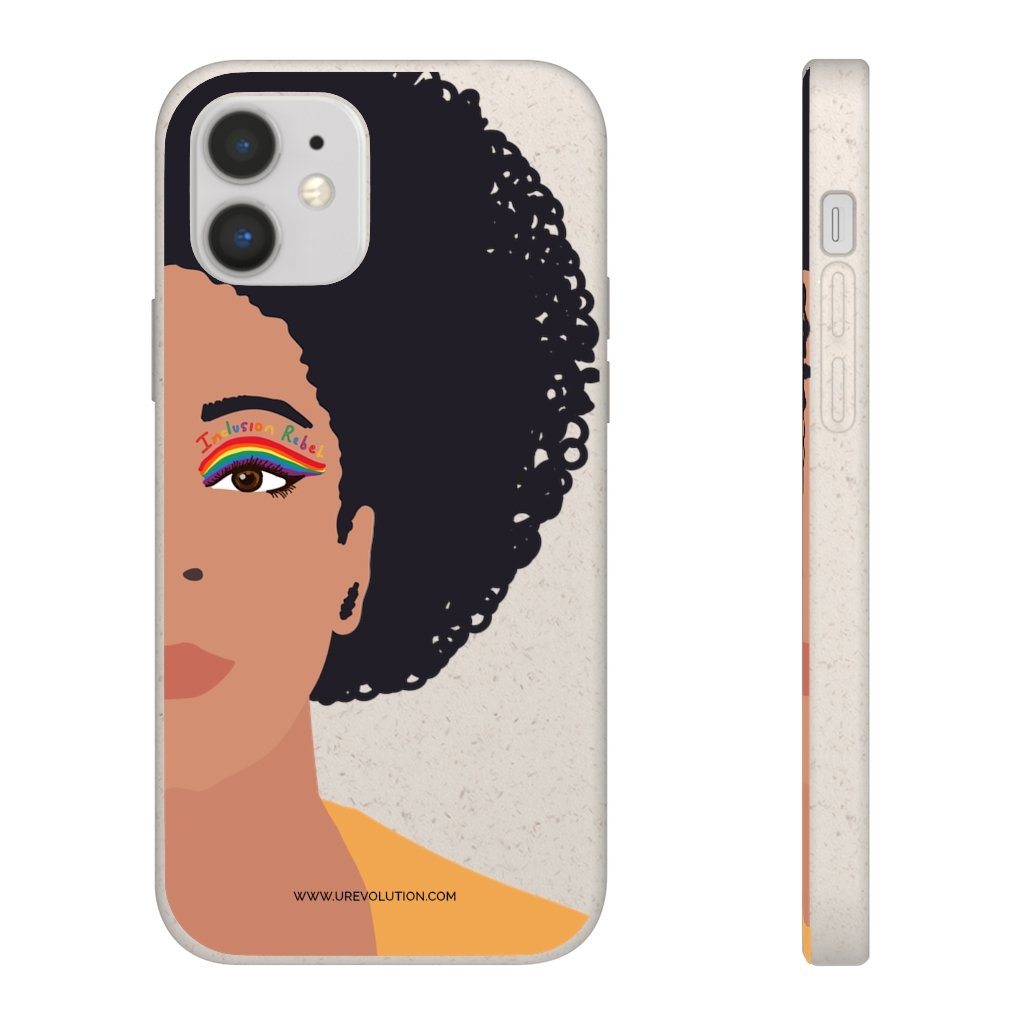iPhone 12 Inclusion Rebel Afro Phone Case. Printed on the back of the biodegradable phone case is an illustration of the right-hand half of a black person's face. They have a full afro and have a colorful eyeliner design above their right eye. The design includes a series of lines drawn in the colors of the LGTB flag with the words, Inclusion Rebel, outlined in a handwriting style above the lines.
