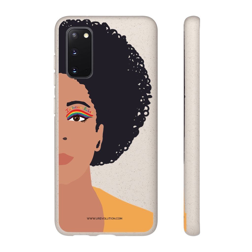 Samsung Galaxy s20 Inclusion Rebel Afro Phone Case. Printed on the back of the biodegradable phone case is an illustration of the right-hand half of a black person's face. They have a full afro and have a colorful eyeliner design above their right eye. The design includes a series of lines drawn in the colors of the LGTB flag with the words, Inclusion Rebel, outlined in a handwriting style above the lines.