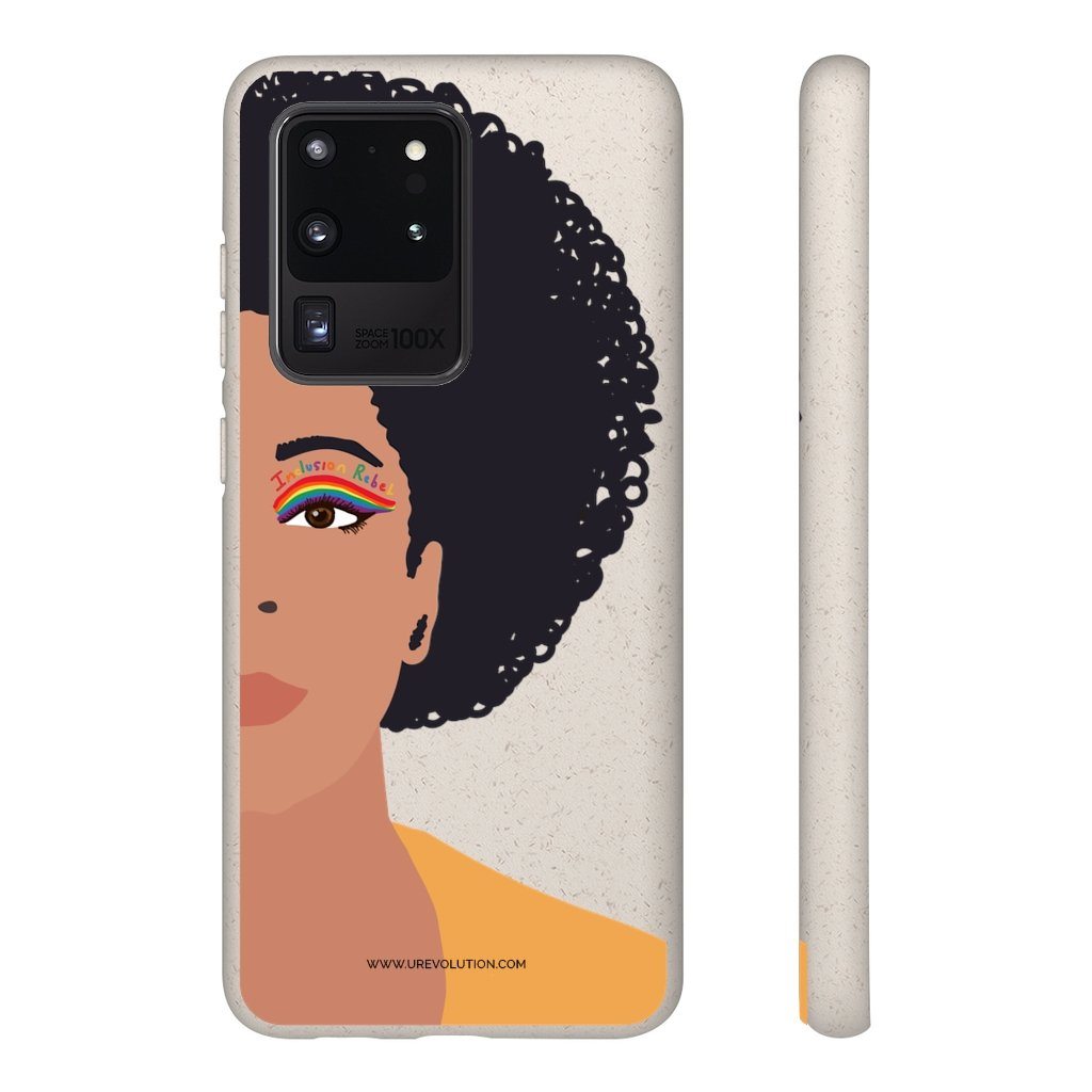 Samsung Galaxy S20 Ultra Inclusion Rebel Afro Phone Case. Printed on the back of the biodegradable phone case is an illustration of the right-hand half of a black person's face. They have a full afro and have a colorful eyeliner design above their right eye. The design includes a series of lines drawn in the colors of the LGTB flag with the words, Inclusion Rebel, outlined in a handwriting style above the lines.