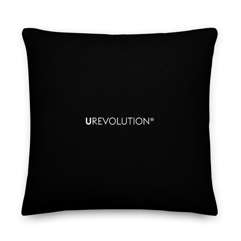 This is an image of the back of a black premium Be Inclusive throw cushion. In the middle of the square throw cushion, the word 'URevolution' is printed in small white upper case letters.