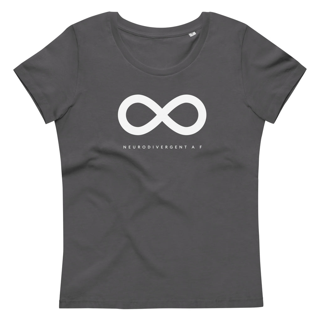 This is a photo of a anthracite premium organic Neurodivergent AF Shirt. In the top third of the Neurodivergent AF tee, there is a white infinity symbol. Under the symbol is the phrase, 'Neurodivergent AF,' in white upper case letters.