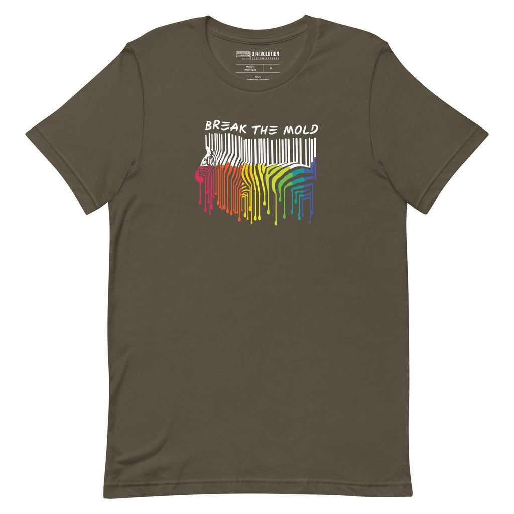This is a photo of a Break the Mold t-shirt. In the middle of the t-shirt is a graphic of zebra in the silhouette of a barcode. The top half of the zebra are vertical white stripes, which then change just below the back into the colors of the rainbow. The bottom of each stripe has a paint drip mark. Just above the zebra's back is the phrase, in upper case, 'break the mold.' 