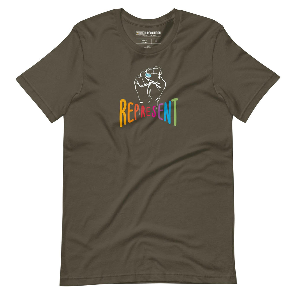 Army represent t-shirt. In the middle of the represent shirt is a black line drawing of a raised clenched fist, with the handwritten word "represent," written in upper case rainbow colors.