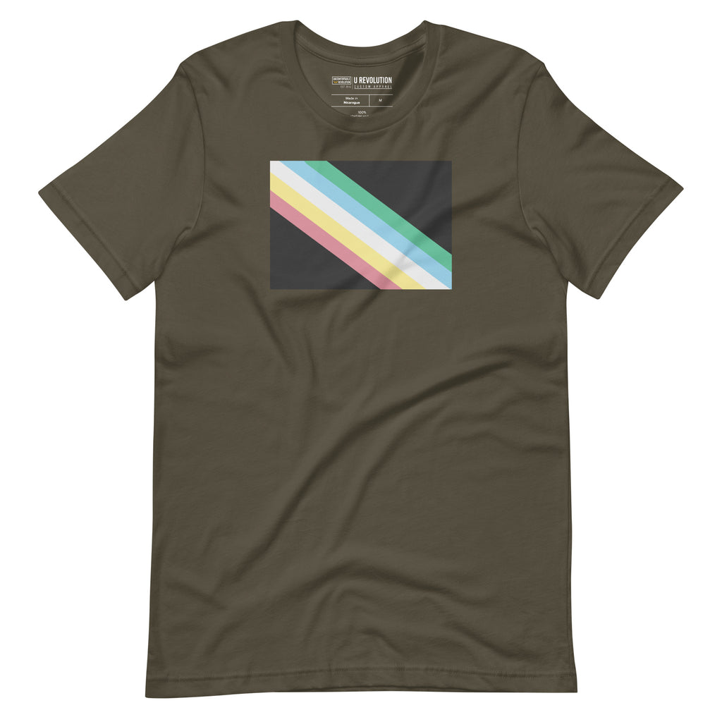 This is an image of a disability pride flag shirt. In the middle of the t-shirt is a dark grey-black background with five diagonal stripes in this order: red, yellow, white, blue, and green (when looking from the bottom up).