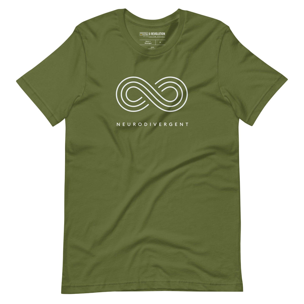Neurodivergent shirt against a plain background. In the top 1/3 of the neurodivergent shirt is an elegant white infinity symbol consisting of three thin white lines. Just below the infinity symbol is the word Neurodivergent in elegant upper-case white letters.
