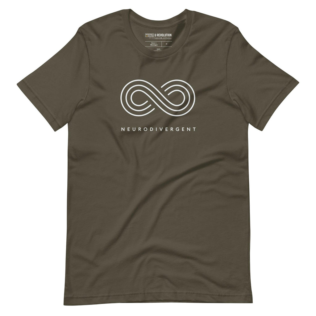 Army green neurodivergent t shirt against a plain background. In the top 1/3 of the neurodivergent shirt is an elegant white infinity symbol consisting of three thin white lines. Just below the infinity symbol is the word Neurodivergent in elegant upper case white letters.