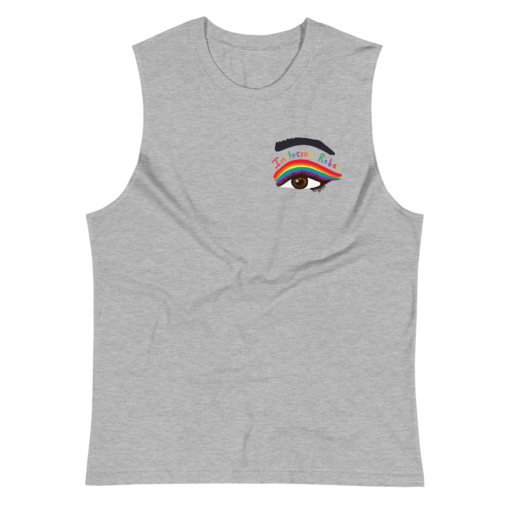 This inclusion rebel eye muscle tank has a large colorful hand-drawn illustration of a right eye in the front top right hand side of the tank. There is an eyeliner design above their right eye. The design includes a series of lines drawn in the colors of the LGTB flag with the words, Inclusion Rebel, outlined in a handwriting style above the lines.