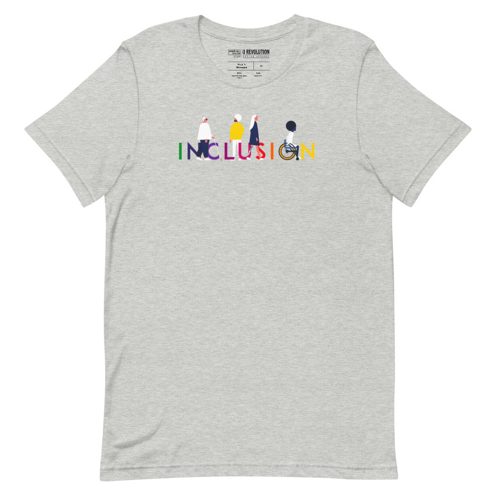 Athletic heather  inclusion t-shirt featuring an original Inclusion icon: The word INCLUSION is written in white upper case letters. Among the letters are four characters: one larger person with glasses and a cane, one person with one arm wearing a turban, one person with long hair and a prosthetic leg, and one person with an afro, seated in a wheelchair leaning forward.