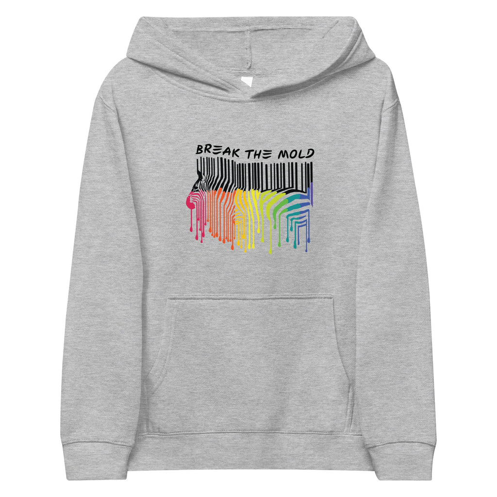 A photo of a kids Break the Mold hoodie. In the middle of the hoodie is a graphic of zebra in the silhouette of a barcode. The top half of the zebra are vertical black stripes, which then change just below the back into the colors of the rainbow. The bottom of each stripe has a paint drip mark. Just above the zebra's back is the phrase, in upper case, 'break the mold.'
