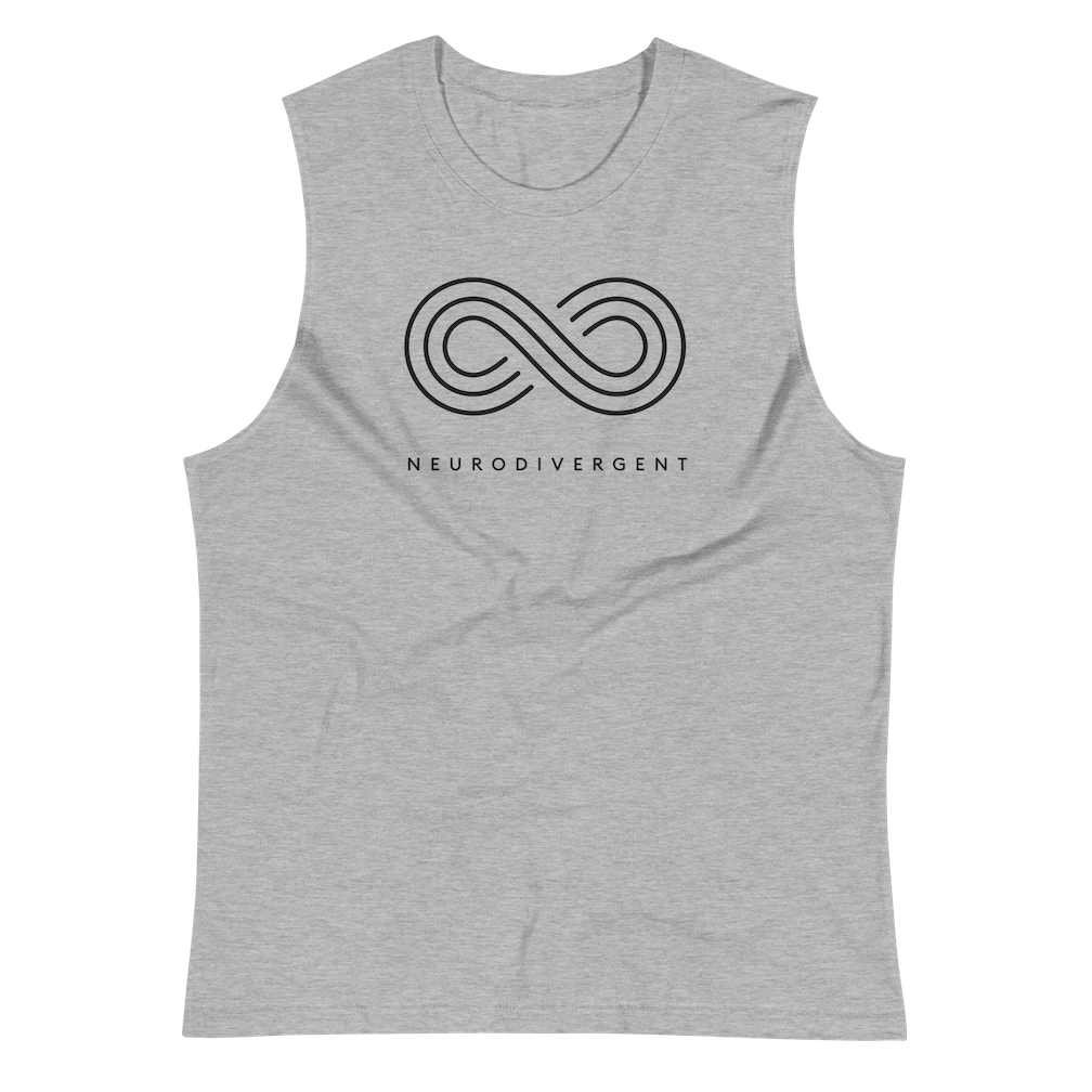 This is a photo of a heather-gray neurodivergent muscle tank. In the middle of top one-third of the tank is an elegant black infinity symbol consisting of three thin black lines. Just below the infinity symbol is the word Neurodivergent in elegant upper case black letters.