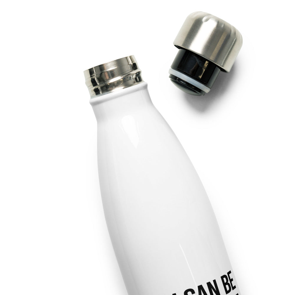 A close up of the stainless steel neck of the bottle and lid.