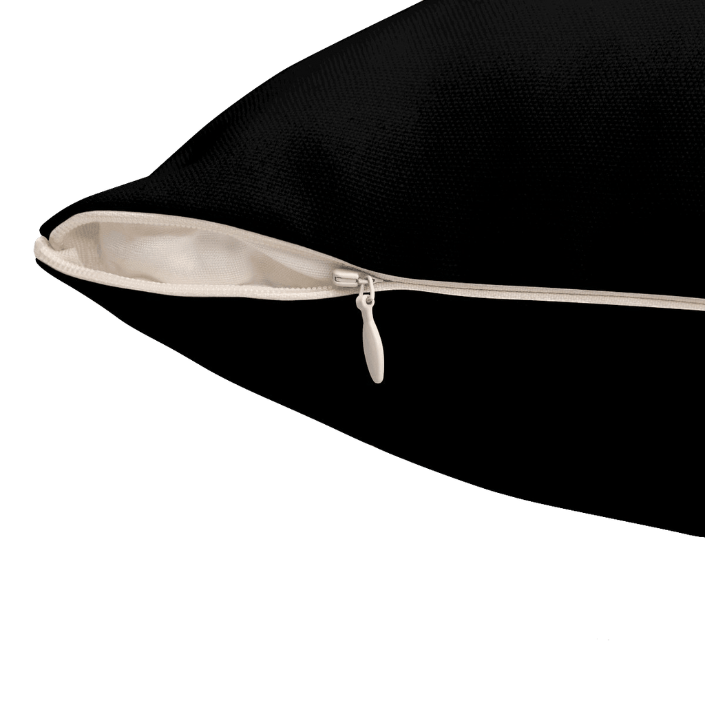 Bottom view of cushion with beige colored zipper.