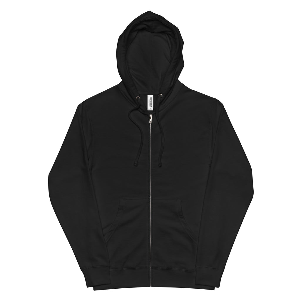 The front of the hoodie is all black with a metal zipper.