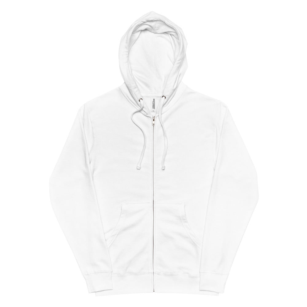 The front of the hoodie is completely white, free of designs, and has a metal zip.