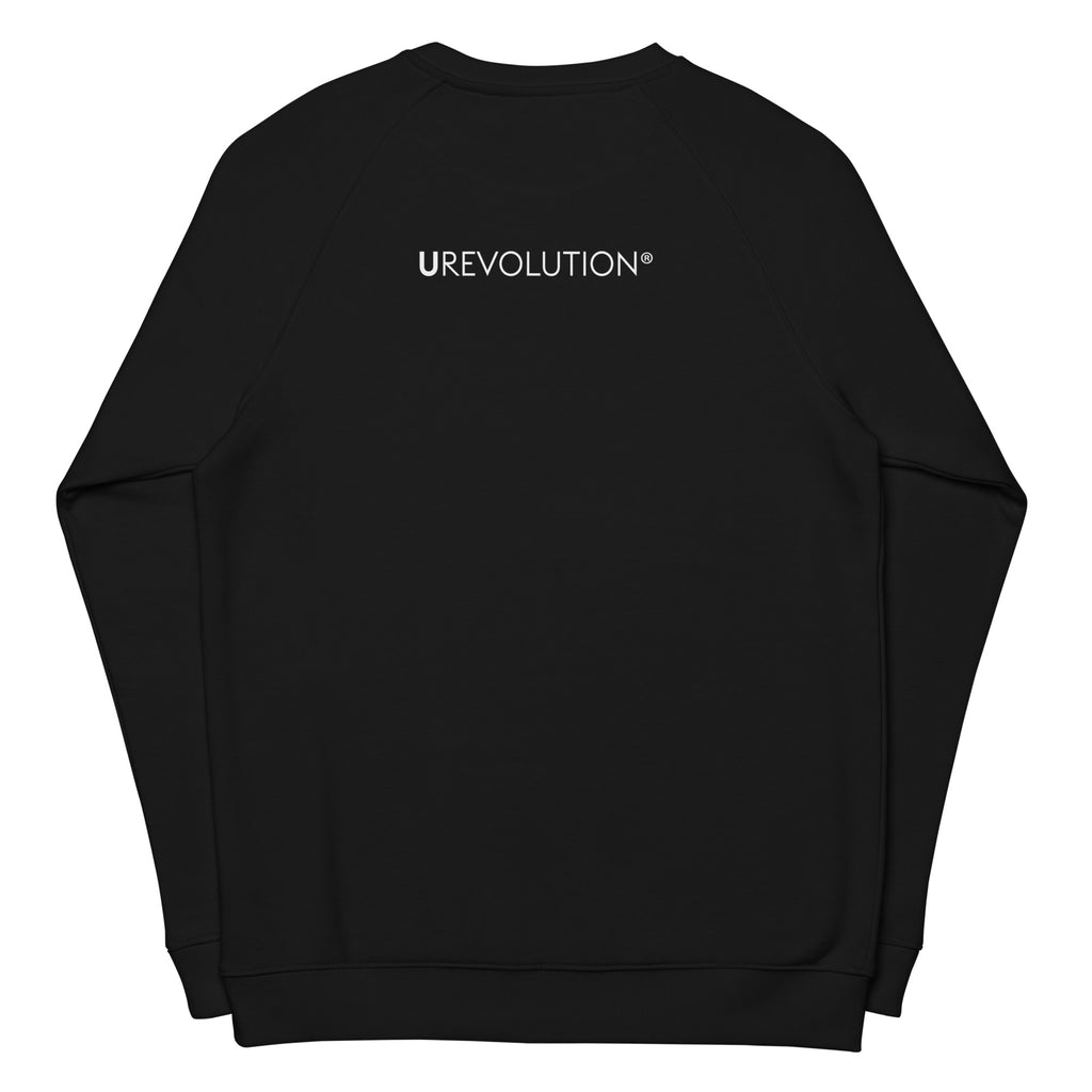 The back of the organic sweatshirt has the word 'URevolution' printed on the back in small font beneath the collar.