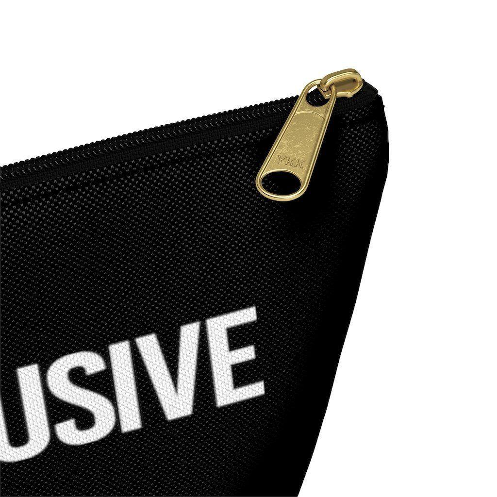 Photo of a Be Inclusive Pouch. The black pouch has the words BE Inclusive printed in the middle of it in large white upper case letters. The design takes up the middle 1/3 of the side of the pouch. On the bottom edge of the pouch on the reverse side is the word URevolution printed in small black upper case letters. The pouch has a black zip and gold closure. The rest of the pouch is black.