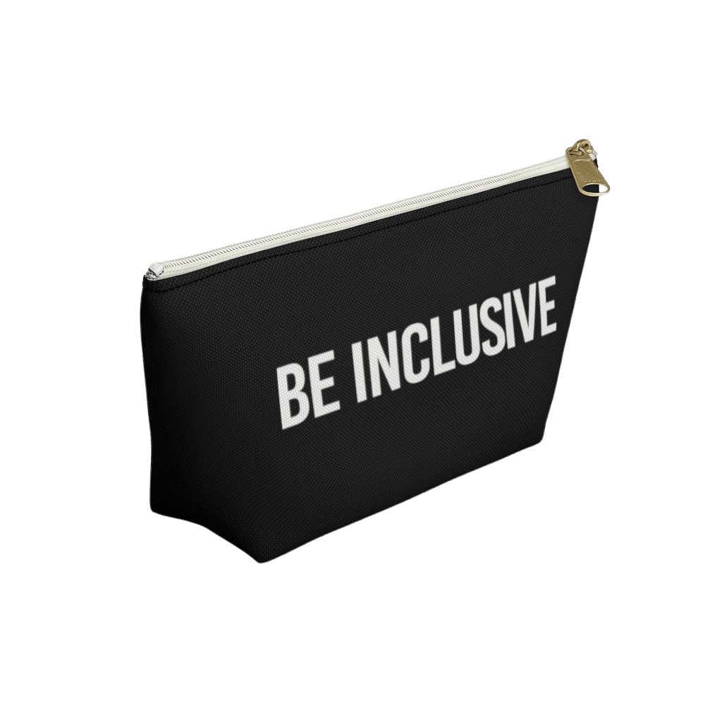 Photo of a Be Inclusive Pouch. The black pouch has the words BE Inclusive printed in the middle of it in large white upper case letters. The design takes up the middle 1/3 of the side of the pouch. On the bottom edge of the pouch on the reverse side is the word URevolution printed in small black upper case letters. The pouch has a white zip and gold closure. The rest of the pouch is black.