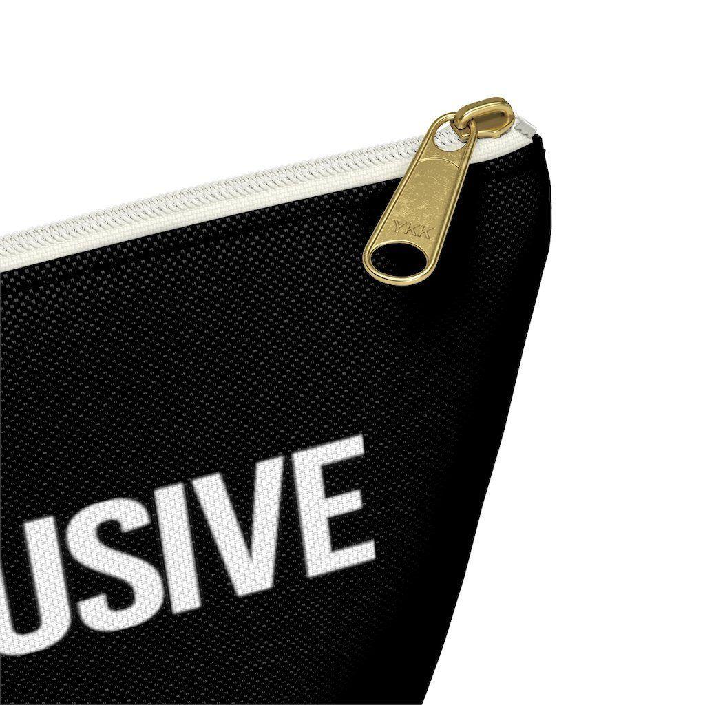 Photo of a Be Inclusive Pouch. The black pouch has the words BE Inclusive printed in the middle of it in large white upper case letters. The design takes up the middle 1/3 of the side of the pouch. On the bottom edge of the pouch on the reverse side is the word URevolution printed in small black upper case letters. The pouch has a white zip and gold closure. The rest of the pouch is black.