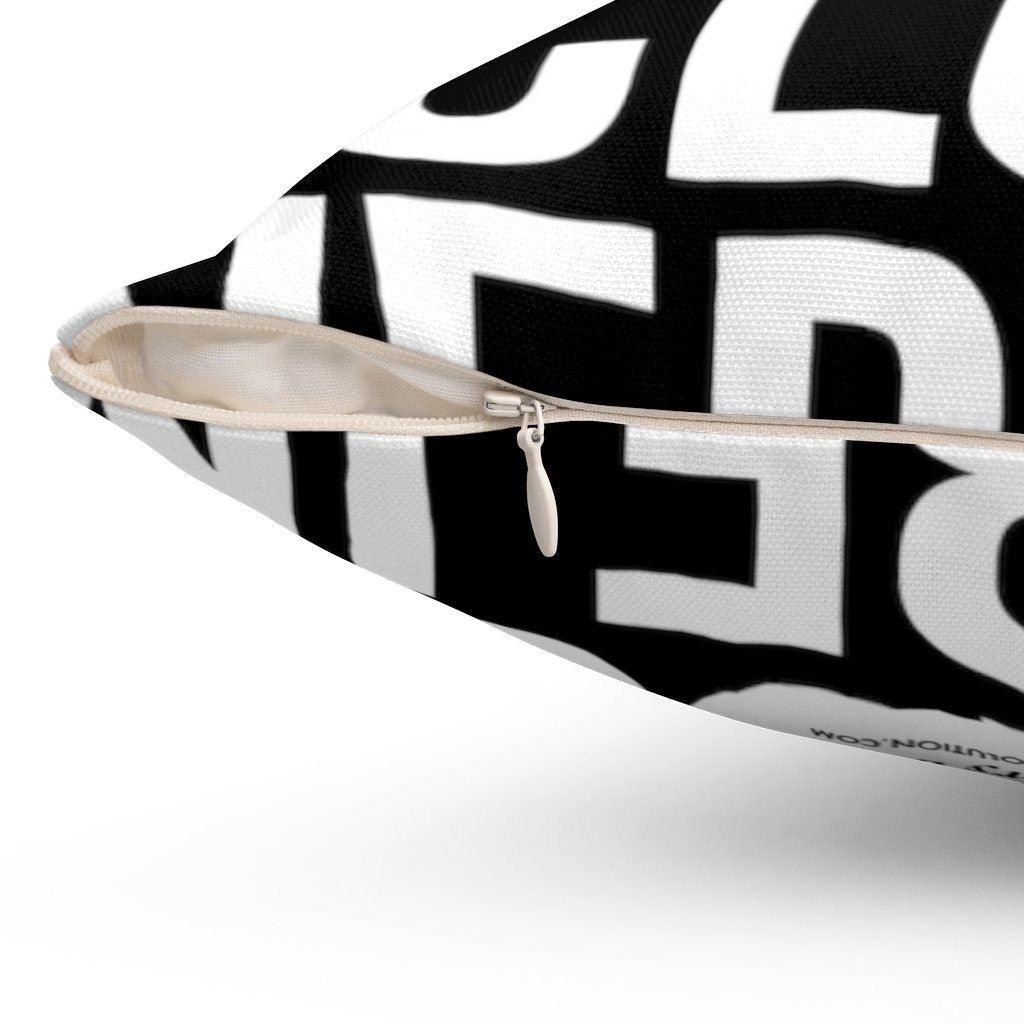 Back view of a black and white be inclusive throw cushion. The nclusive throw cushion is black with the words BE INCLUSIVE printed in large white bold caps repeated across three lines. At the bottom of the throw cushion is a small white box with text printed in small black letters, "For every body www.urevolution.com" in black. "Every" is in italics for emphasis.