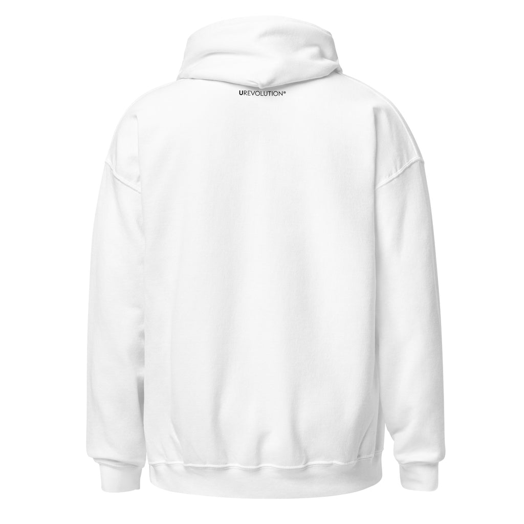 The back of a white Be Inclusive Diversity Hoodie. At the top of the hoodie, just below the hoodie, is the word URevolution in small black upper case letters.