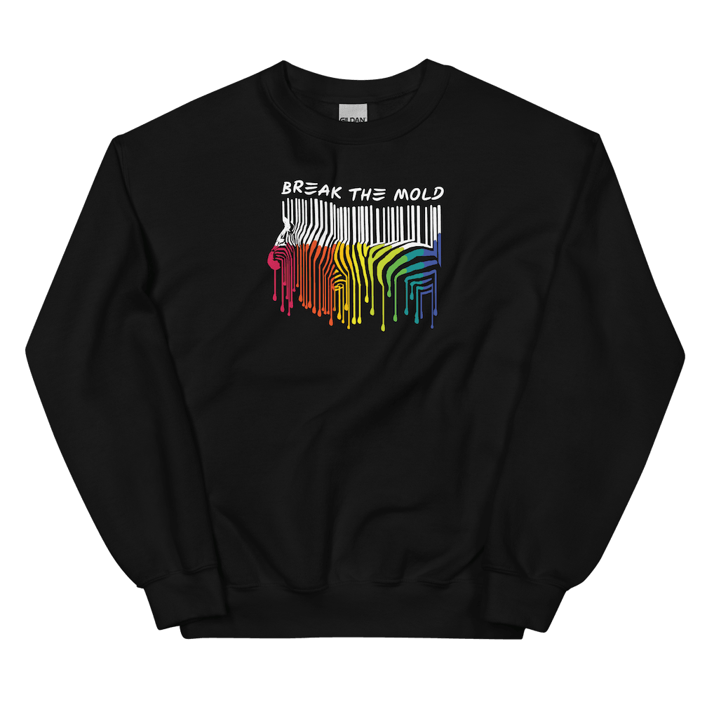 An image of a black sweatshirt against a plain background. In the middle of the sweatshirt is a graphic of zebra in the silhouette of a barcode. The top half of the zebra are vertical white stripes, which then change just below the back into the colours of the rainbow. The bottom of each stripe has a paint drip mark. Just above the zebra's back is the phrase, in upper case, 'break the mold.'