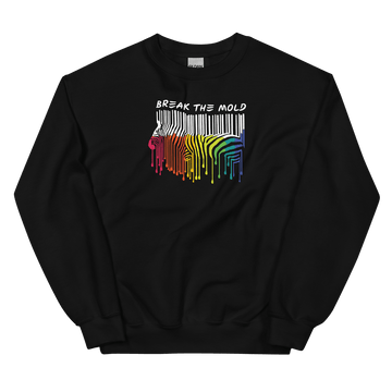 An image of a black sweatshirt against a plain background. In the middle of the sweatshirt is a graphic of zebra in the silhouette of a barcode. The top half of the zebra are vertical white stripes, which then change just below the back into the colours of the rainbow. The bottom of each stripe has a paint drip mark. Just above the zebra's back is the phrase, in upper case, 'break the mold.'