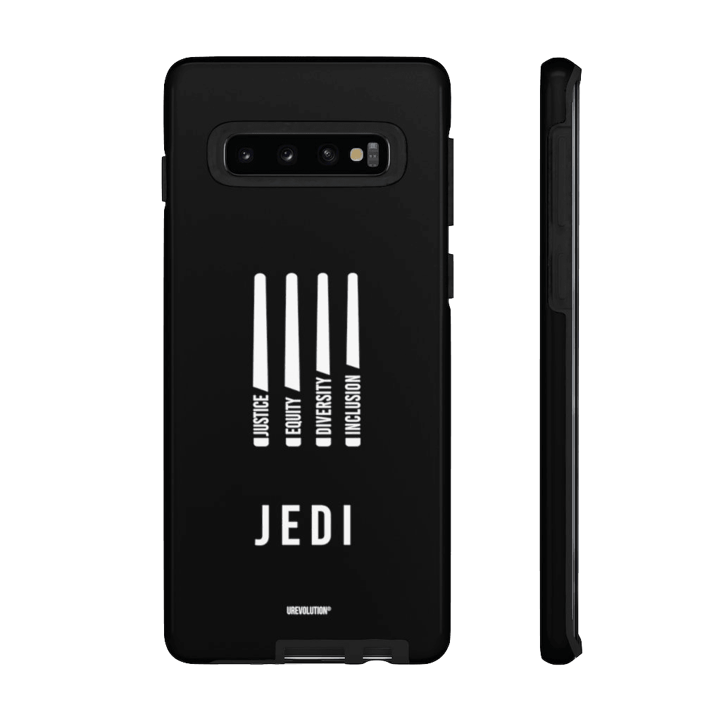 Galaxy S10 JEDI Phone Case. On the back of the JEDI Phone Case are four white lightsabers. At the bottom of each saber representing the saber handle is one word: Justice Equity Diversity Inclusion. Beneath the sabers is the acronym JEDI. 