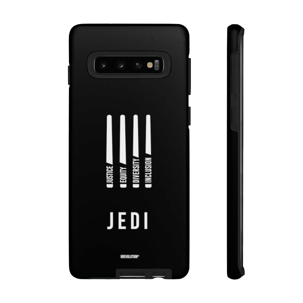 Galaxy S10 JEDI Phone Case. On the back of the JEDI Phone Case are four white lightsabers. At the bottom of each saber representing the saber handle is one word: Justice Equity Diversity Inclusion. Beneath the sabers is the acronym JEDI. 