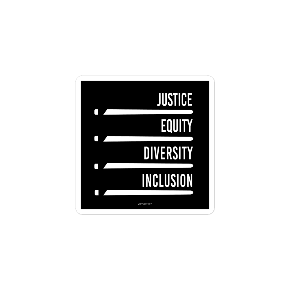 A square black JEDI justice equity diversity inclusion sticker with four stylized horizontal white "JEDI" lightsabers. Above each saber is one word: justice, equity, diversity, and inclusion in white upper case.