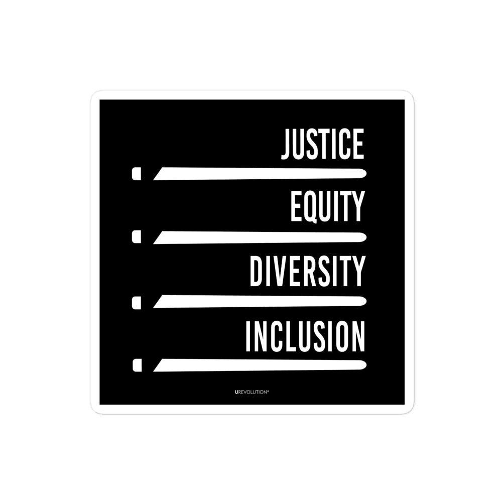 A square black JEDI justice equity diversity inclusion sticker with four stylized horizontal white "JEDI" lightsabers. Above each saber is one word: justice, equity, diversity, and inclusion in white upper case.